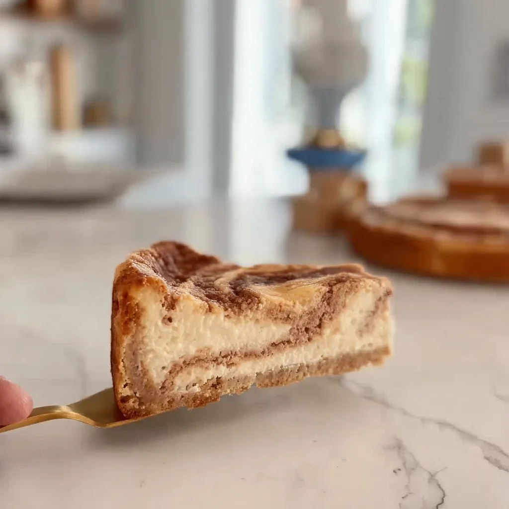 Delicious cinnamon roll cheesecake topped with cream and cinnamon swirl