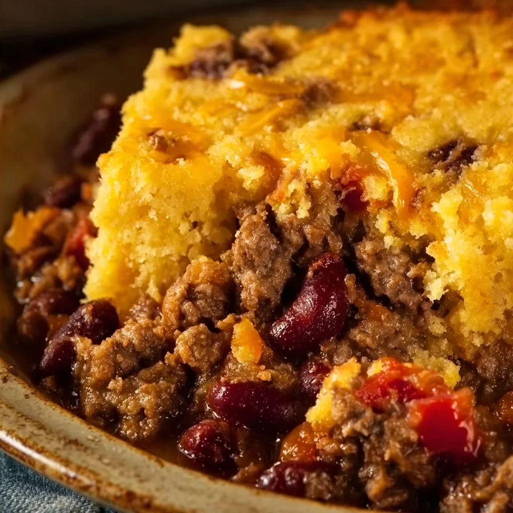 Delicious Cowboy Cornbread Casserole served in a baking dish with toppings