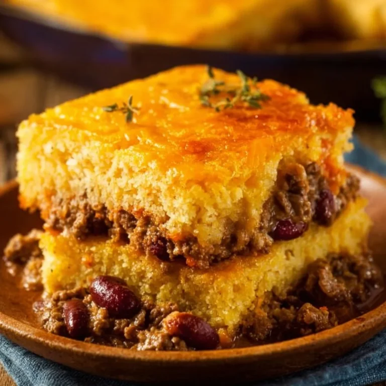 Delicious Cowboy Cornbread Casserole topped with cheese and vegetables