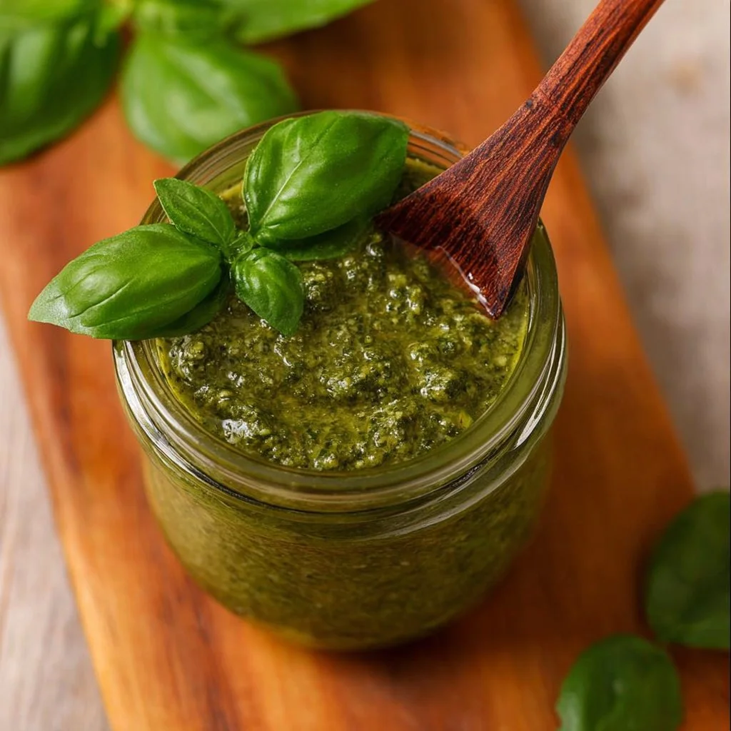 Creamy pesto pasta dish garnished with fresh basil and pine nuts