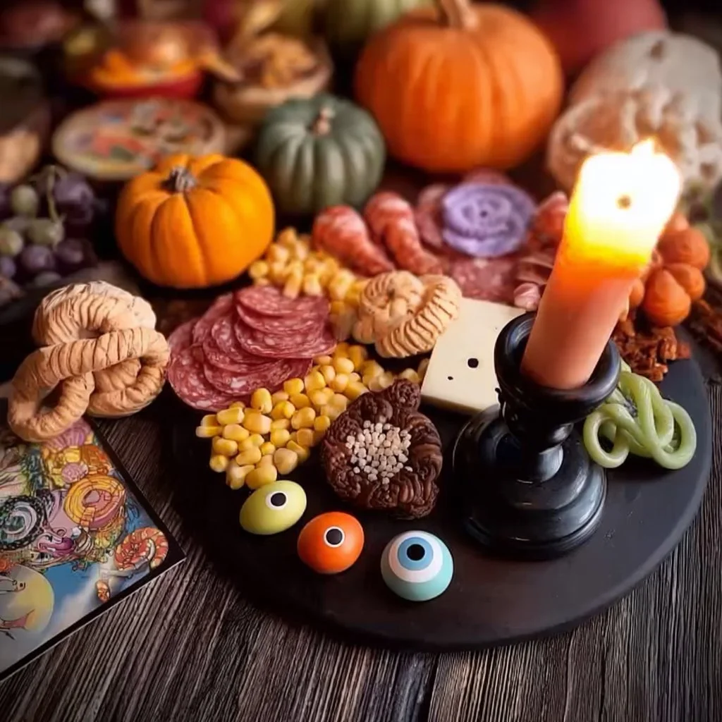 Cute Halloween grazing board with spooky snacks and festive treats for Halloween.
