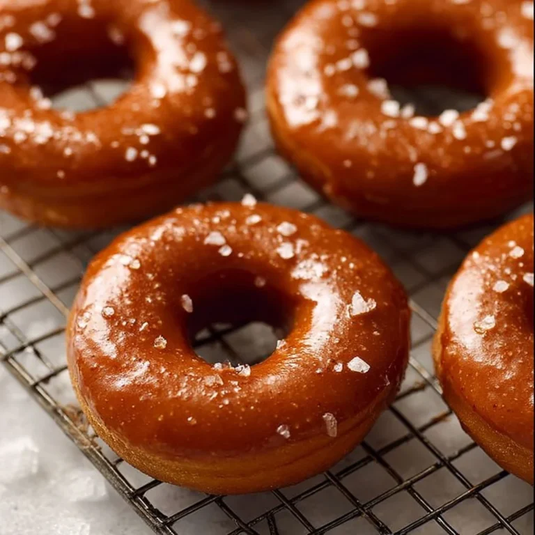 Fluffy vegan pumpkin donuts with salted caramel glaze on a plate
