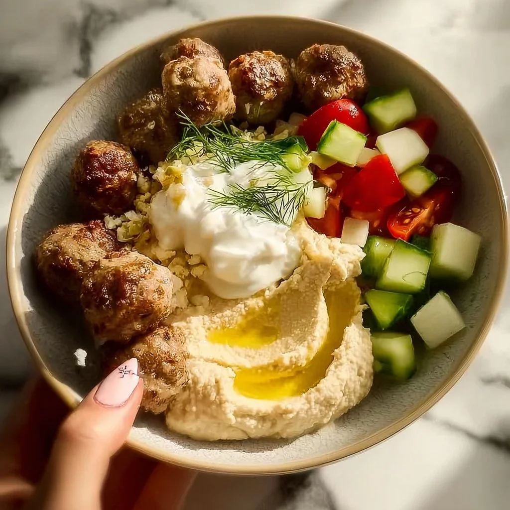 Delicious homemade gyro meatballs served with tzatziki sauce and fresh herbs