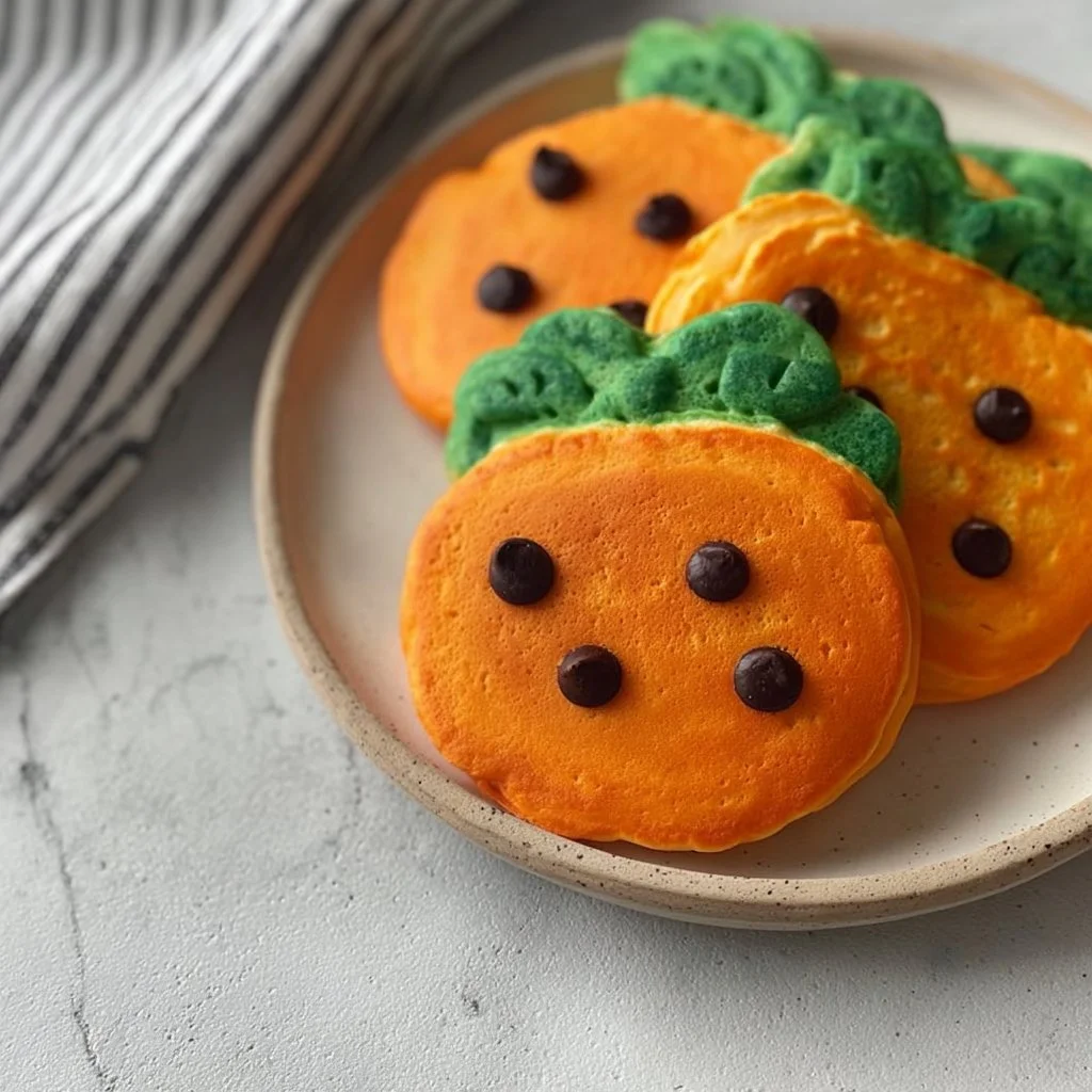 Delicious Jack-o'-Lantern Pancakes served with maple syrup and whipped cream.