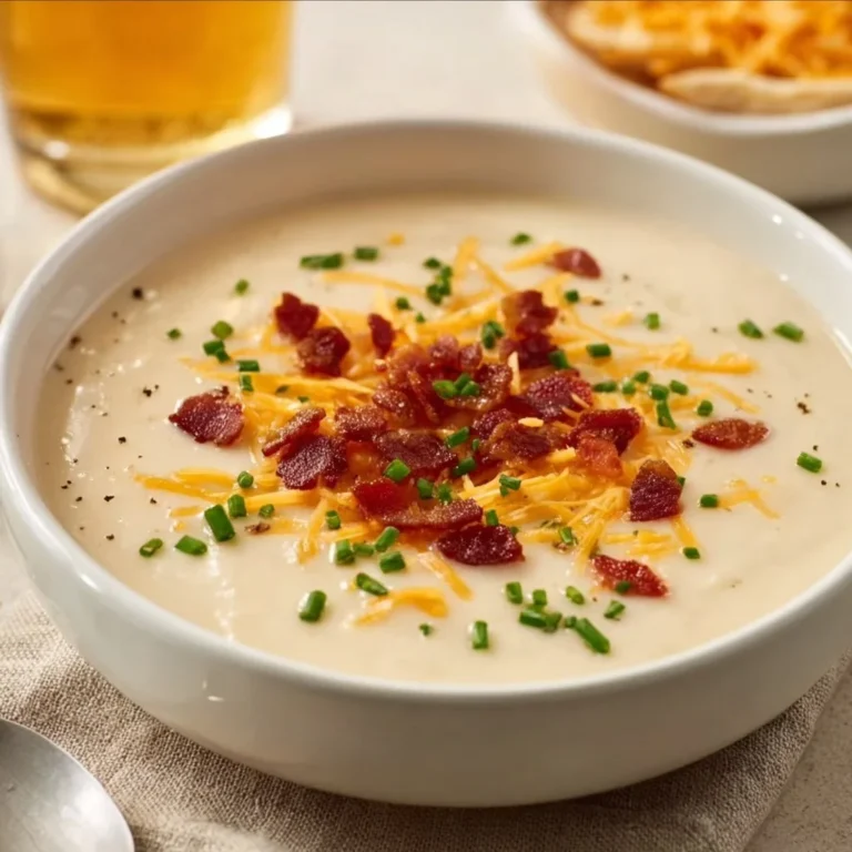 Creamy Loaded Baked Potato Soup garnished with chives and bacon bits in a bowl