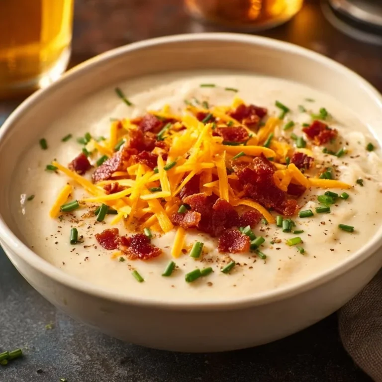 Bowl of delicious loaded baked potato soup topped with cheese and bacon.