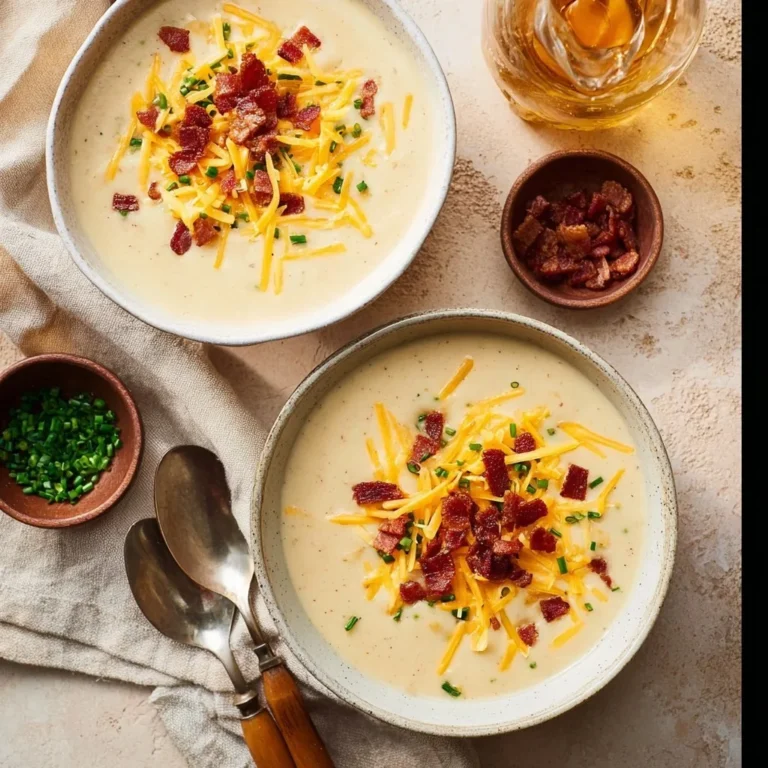Delicious bowl of loaded baked potato soup topped with cheese, bacon, and chives.