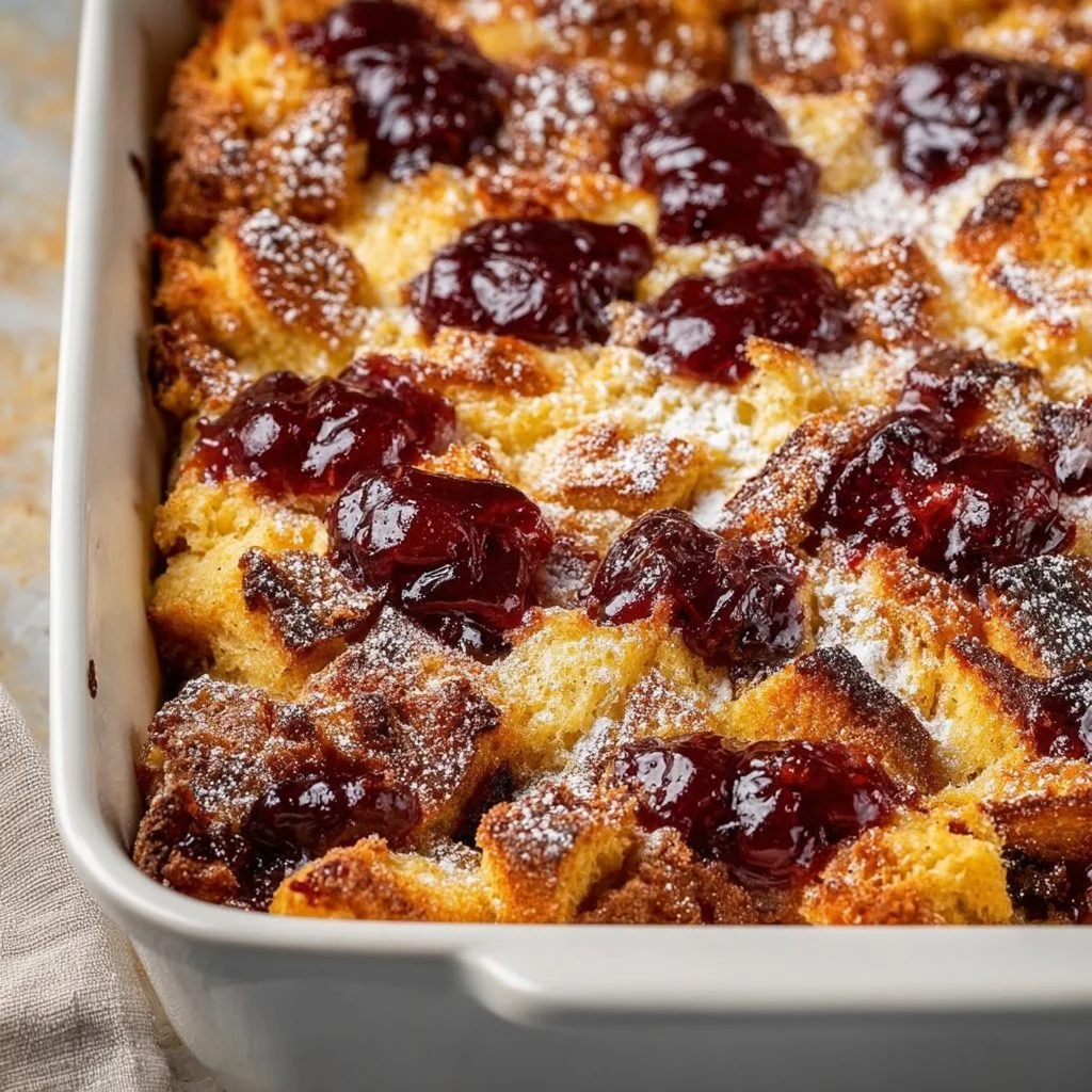 Monte Cristo French toast casserole topped with powdered sugar and berries