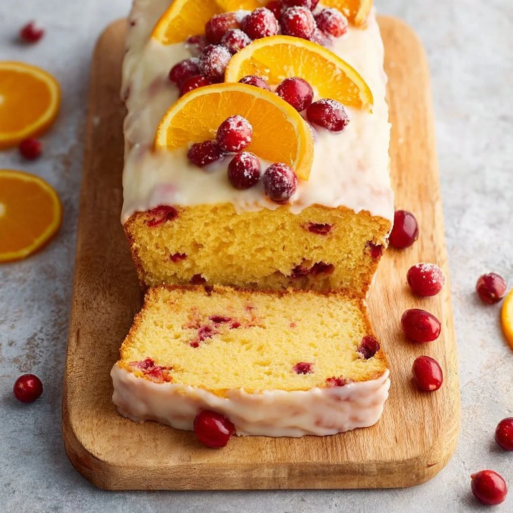 Orange cranberry bread fresh from the oven served on a wooden cutting board