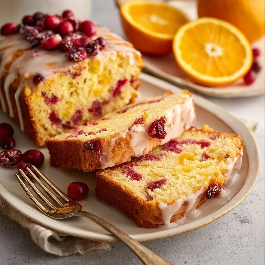 Freshly baked orange cranberry bread with a slice on a wooden table.