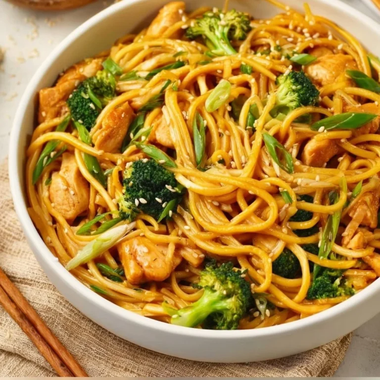 Bowl of sesame chicken served with lo mein noodles on a wooden table