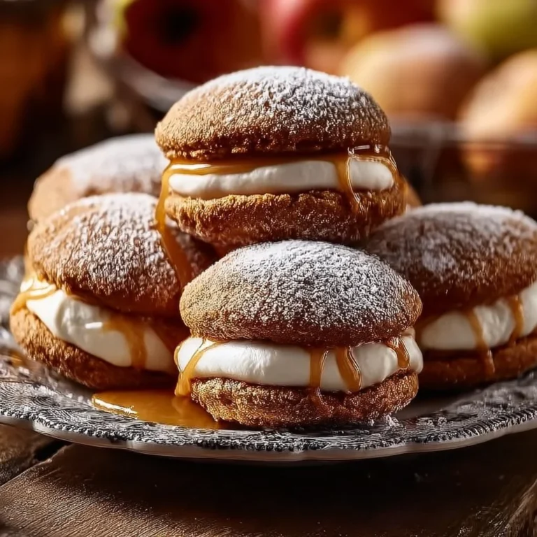 Apple cider whoopie pie cookies with gooey caramel filling on a plate