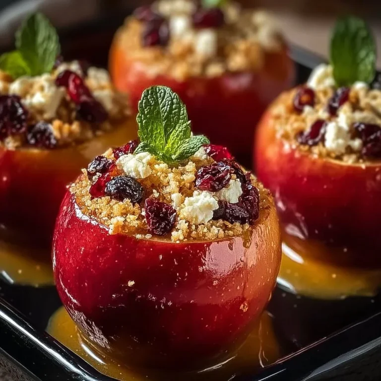Baked apples topped with feta, honey, and cranberries served on a plate