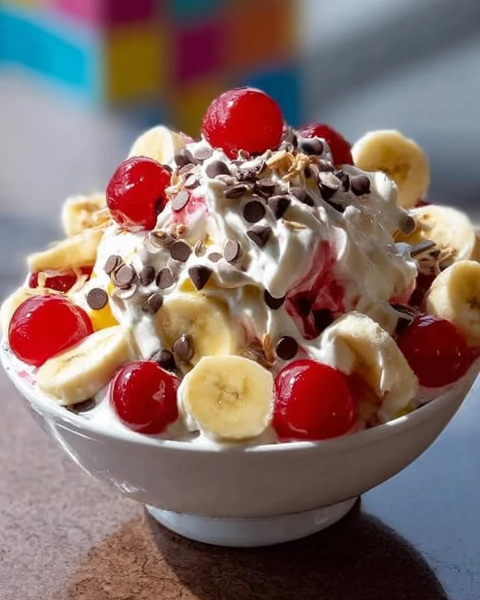 Creamy Banana Split Fluff Delight dessert with bananas, whipped cream, and cherries