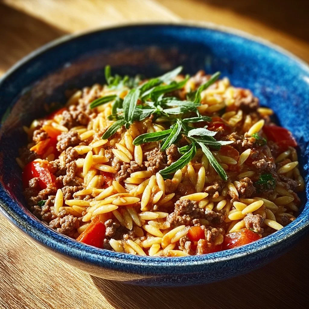 Delicious bowl of ground beef orzo with vegetables and cheese