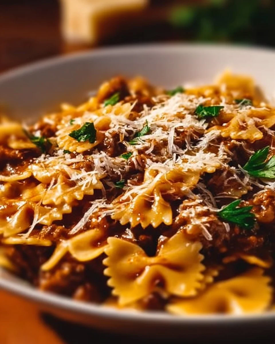 Cheesy Beef and Bowtie Pasta dish served in a bowl with fresh herbs