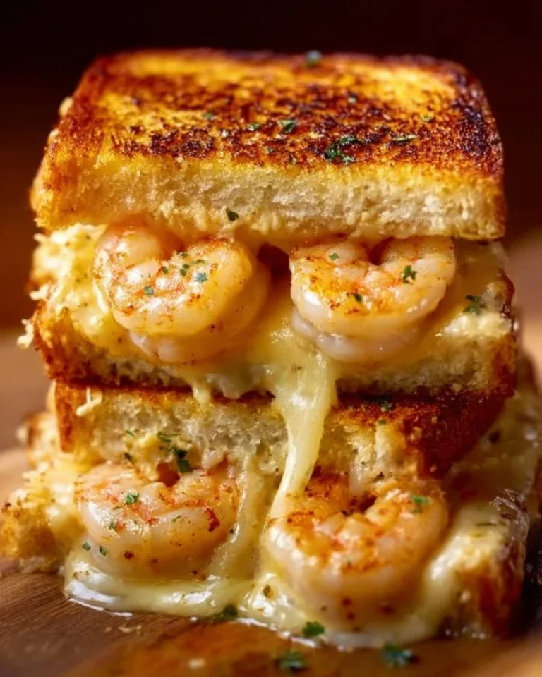 Cheesy garlic bread shrimp grilled cheese sandwich on a plate