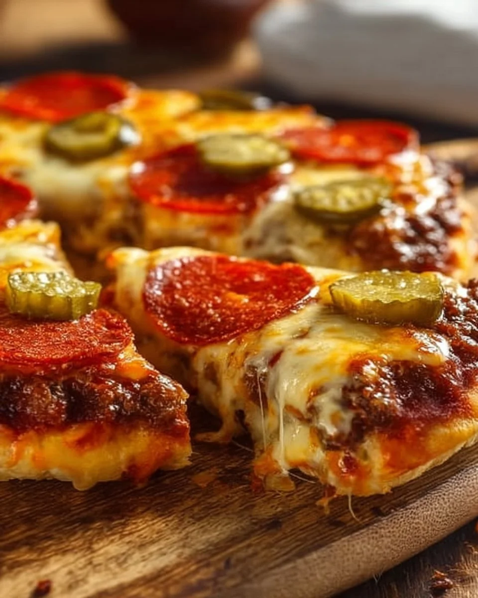 Cheesy pizza burger pie topped with melted cheese and fresh ingredients