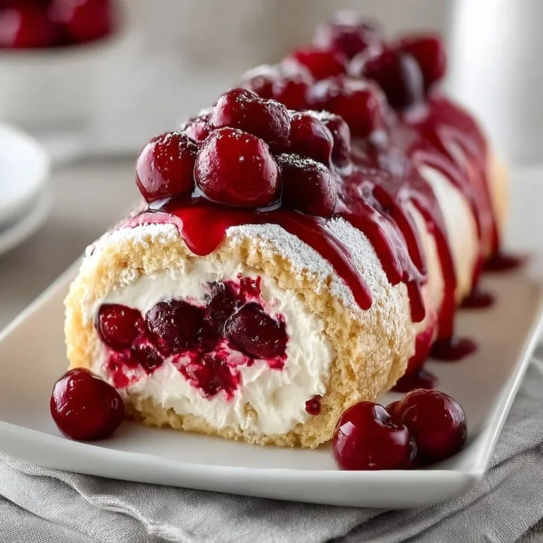 Cherry Cheesecake Cake Roll with fresh cherries and cream cheese filling