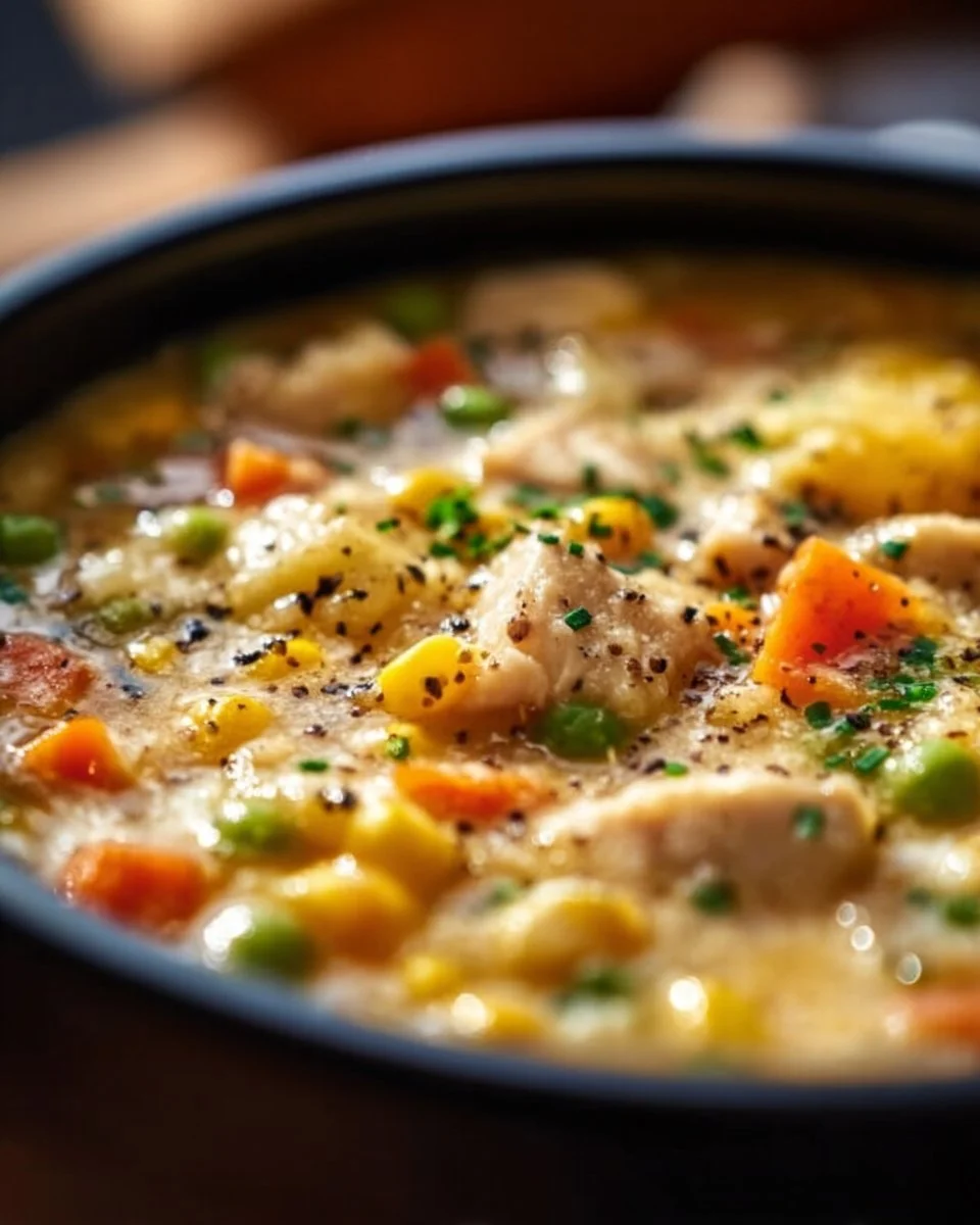 Delicious Chicken Pot Pie Soup served in a bowl with fresh herbs on top.