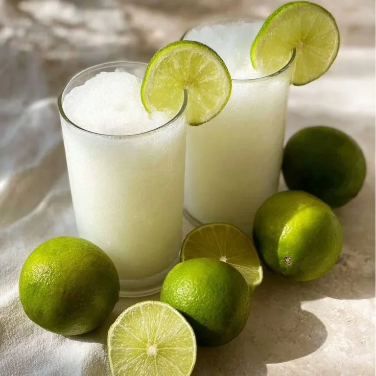 Colombian lime and coconut drink served in a glass with lime slices