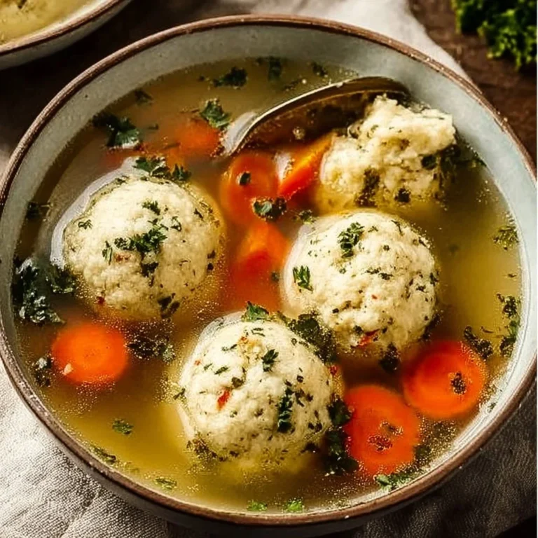Bowl of comforting homemade matzo ball soup with fresh herbs