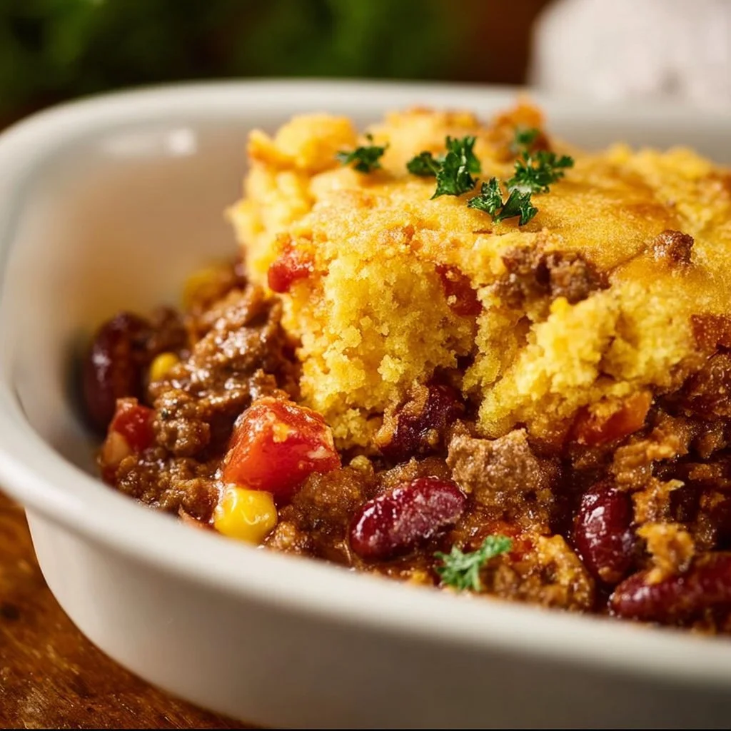 Cowboy Cornbread Casserole with beans, corn, and spices in a baking dish