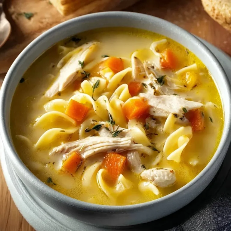 Bowl of cozy turkey noodle soup with fresh vegetables and herbs