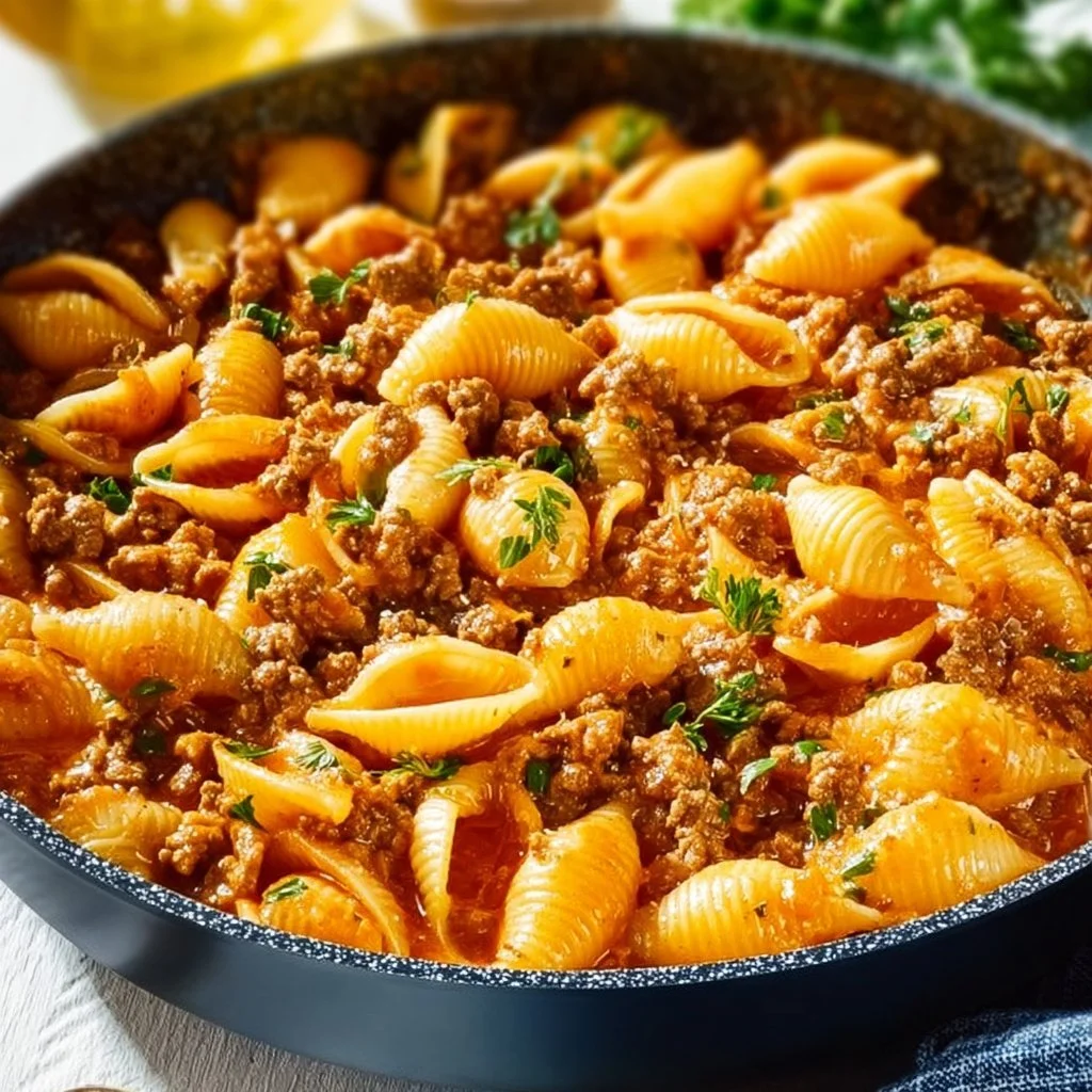 Creamy beef and shells dish served in a bowl with a sprinkle of herbs