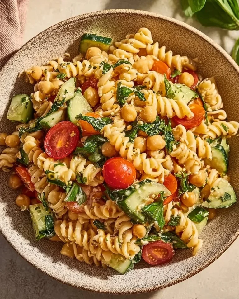 Creamy chickpea pasta salad with fresh vegetables and a tangy dressing