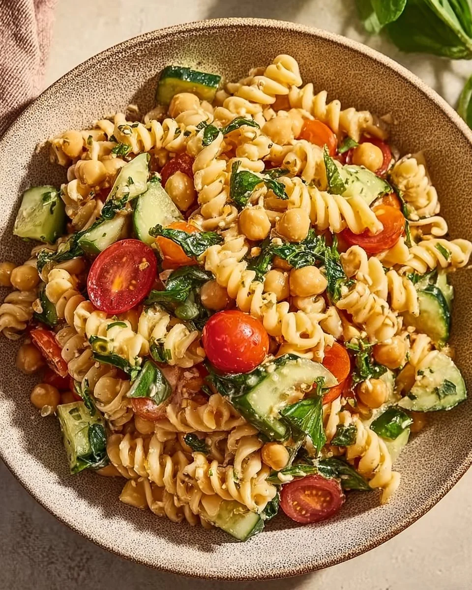 Creamy chickpea pasta salad with fresh vegetables and a tangy dressing
