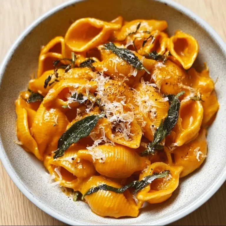 Delicious creamy pumpkin sage pasta served in a bowl with herbs
