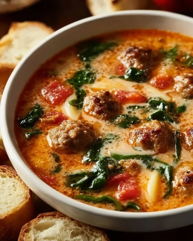 Creamy sausage soup served in a bowl with fresh herbs and bread on the side