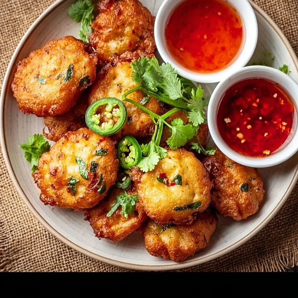 Plate of crispy bean cakes, also known as akara, served with dipping sauce.