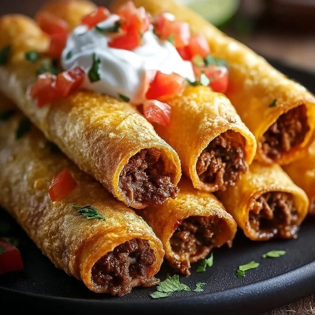 Crispy beef taquitos rolls with a golden brown exterior and savory filling