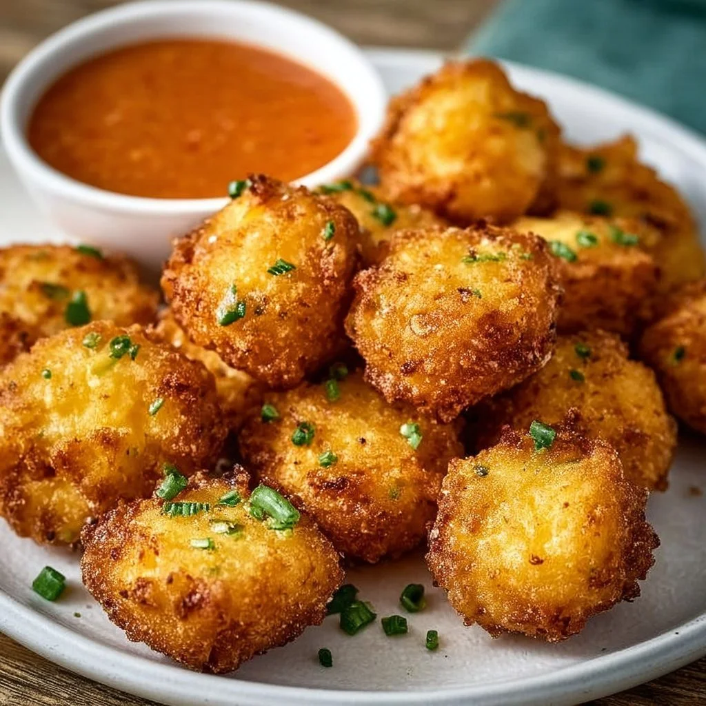 Crispy cheesy grits fritters with zesty Cajun sauce on a plate