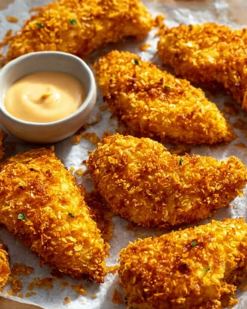 Crunchy Cornflake Chicken Tenders served with dipping sauce