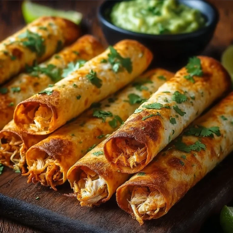 Crunchy oven-baked chicken taquitos served with salsa and avocado on a plate.