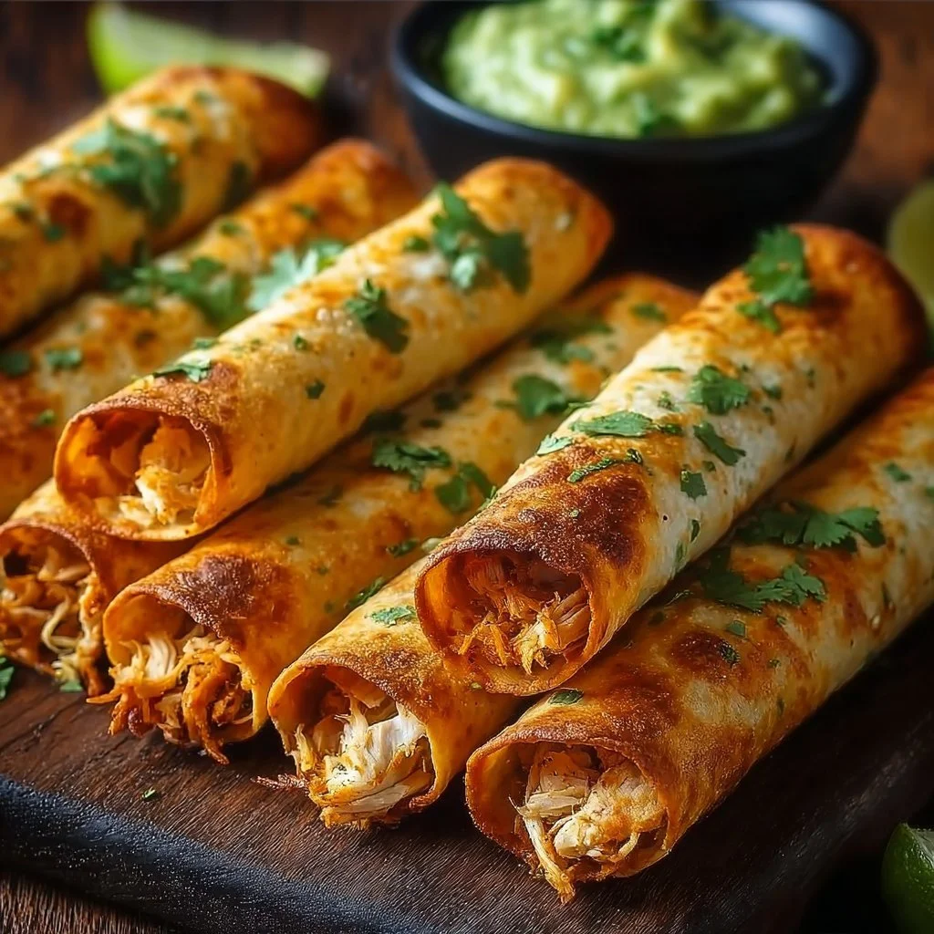 Crunchy oven-baked chicken taquitos served with salsa and avocado on a plate.