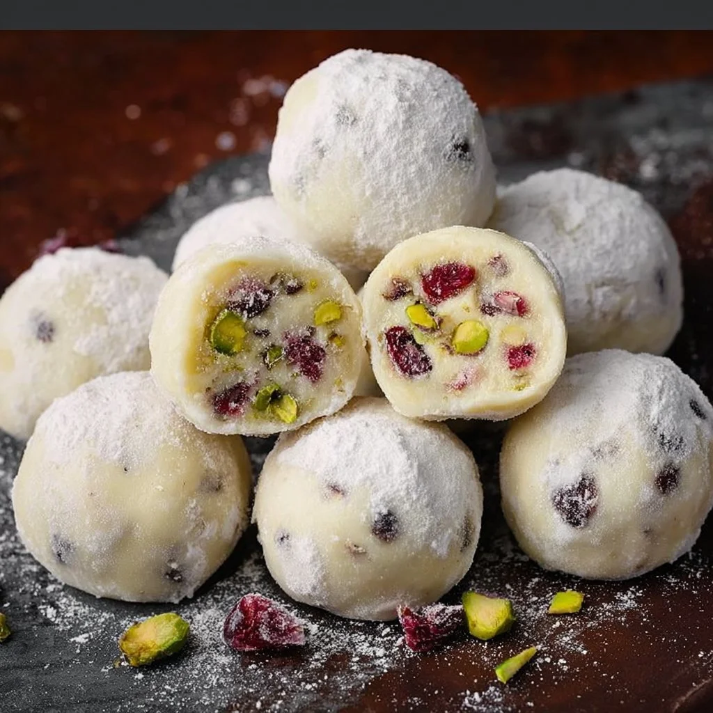 Decadent cranberry pistachio white chocolate truffles on a decorative plate