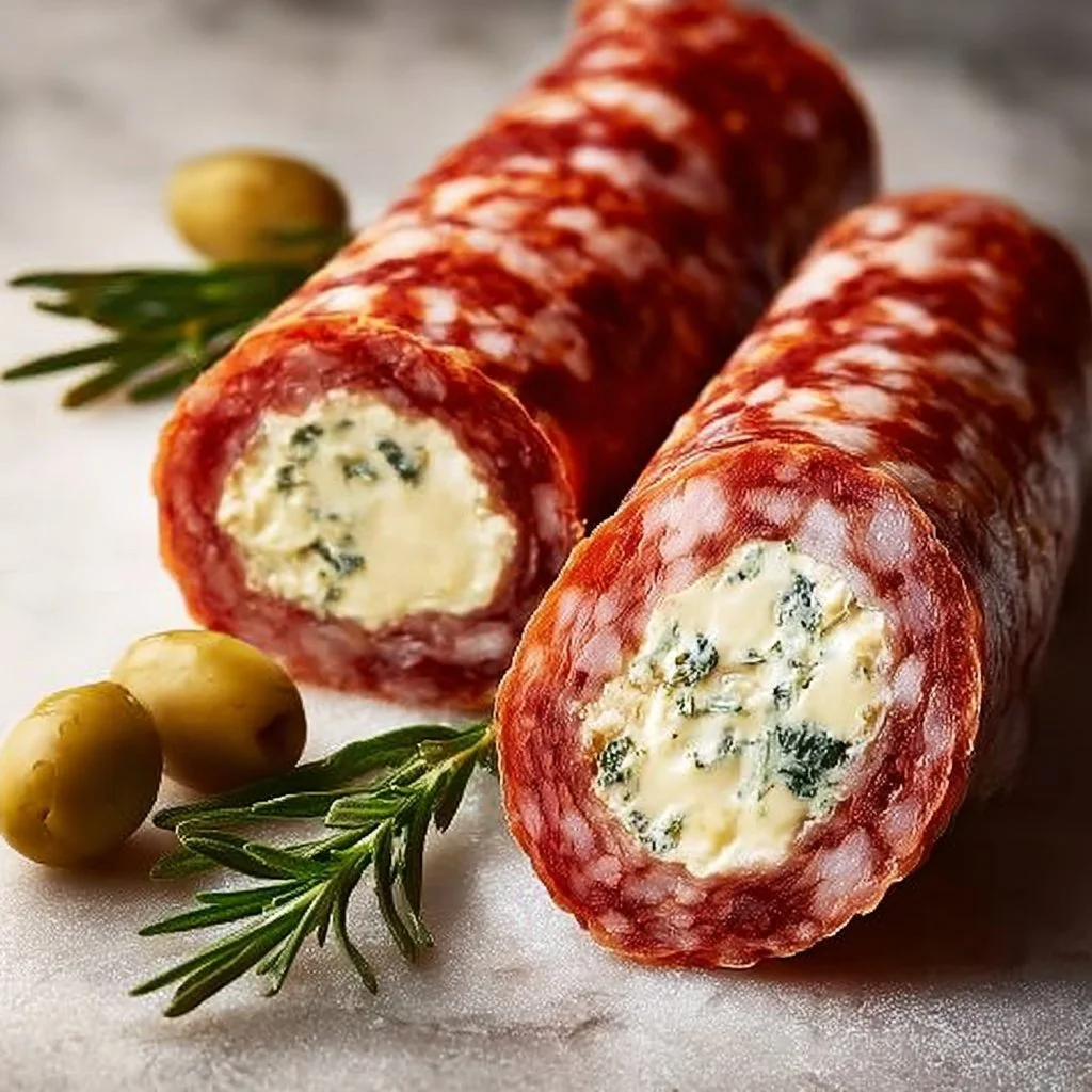 Delicious cheese salami roll-ups arranged on a plate