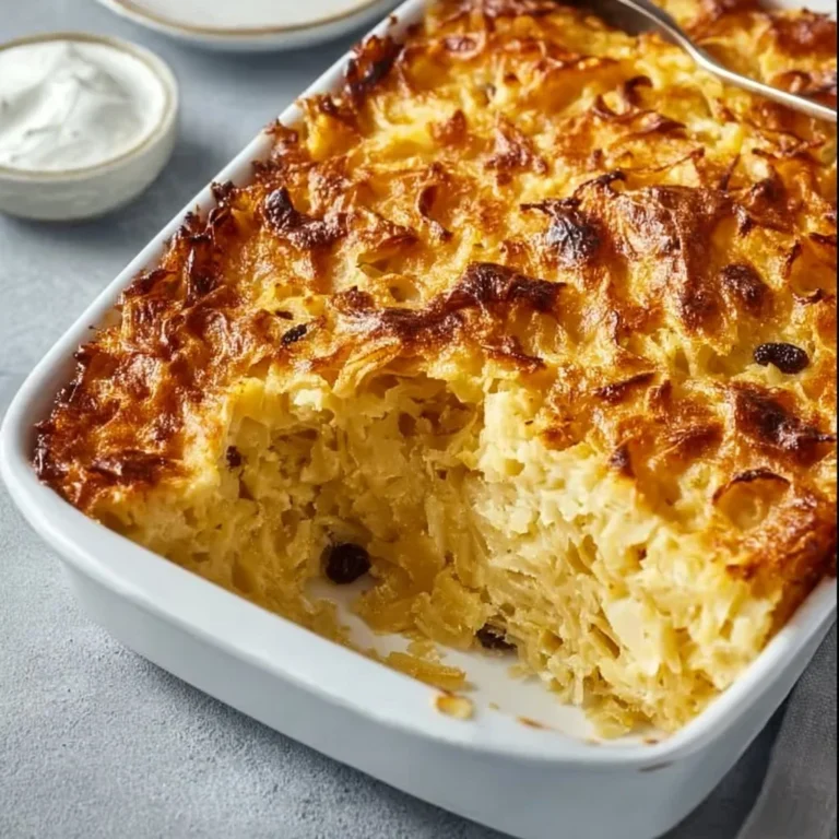 Delicious noodle kugel baked and served on a white dish with golden edges