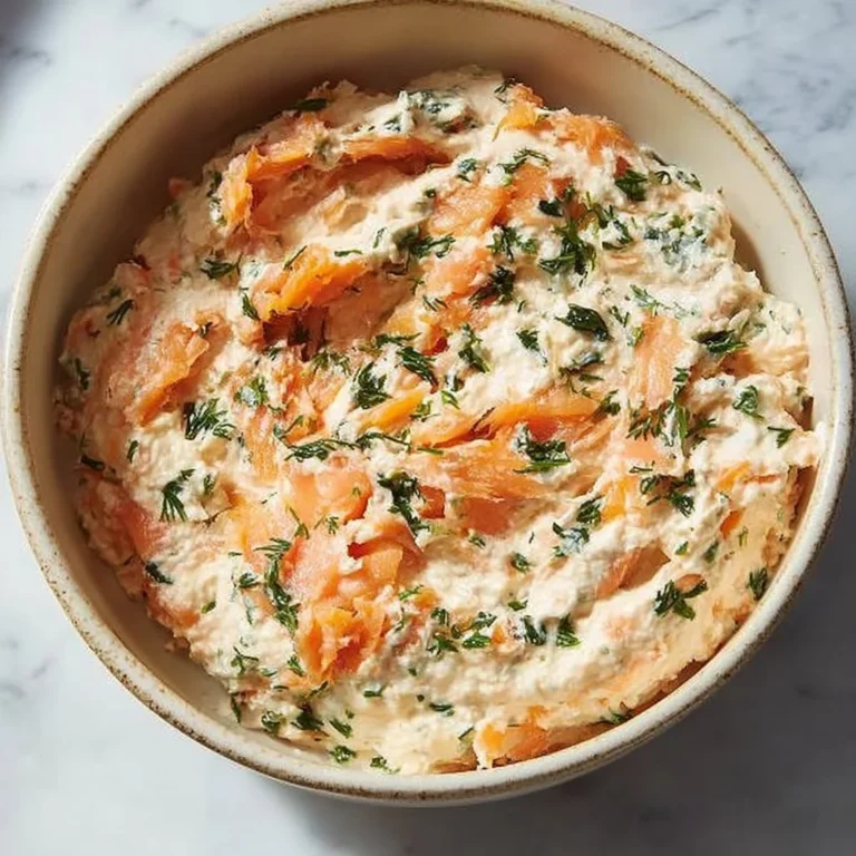 Delicious smoked salmon dip in a serving bowl with crackers and herbs.