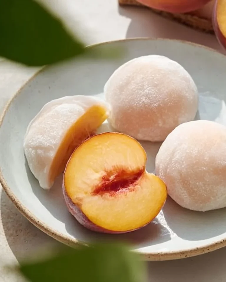 Delicious whole peach mochi with a soft, chewy texture and fresh peach filling.
