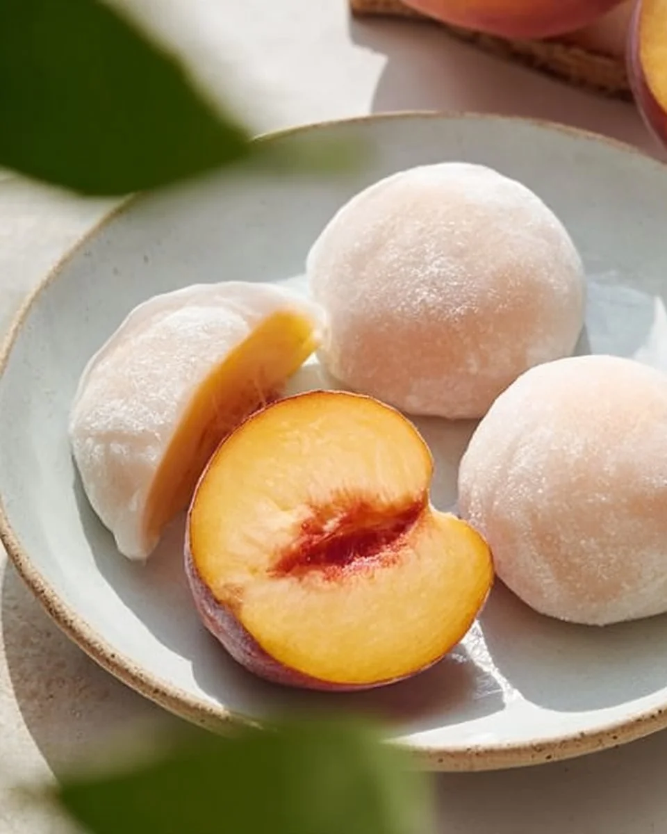 Delicious whole peach mochi with a soft, chewy texture and fresh peach filling.