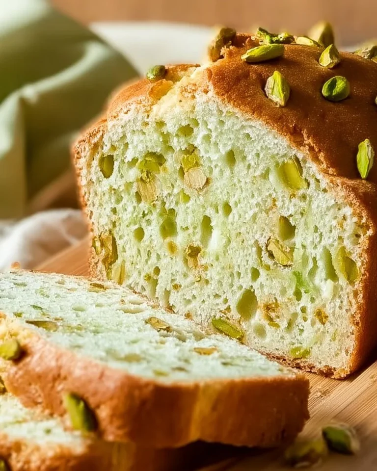 Deliciously moist pistachio pudding bread sliced on a wooden board