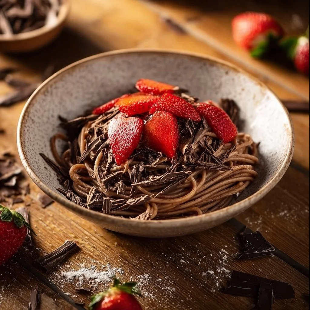 Delicious chocolate pancake spaghetti served on a plate with syrup