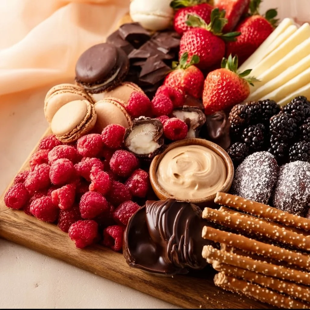Colorful dessert charcuterie board with sweets, fruits, and chocolates