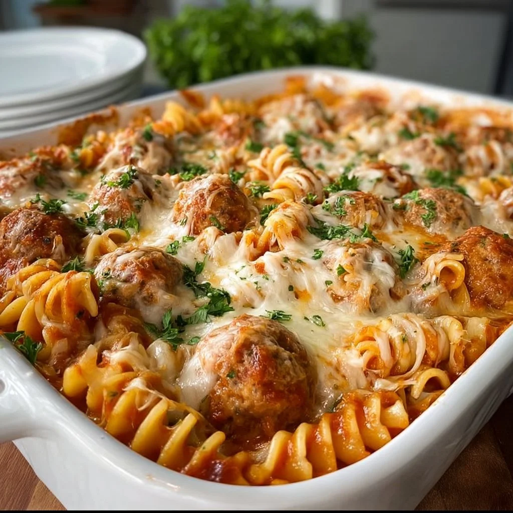 Delicious dump and bake meatball casserole topped with cheese and herbs.