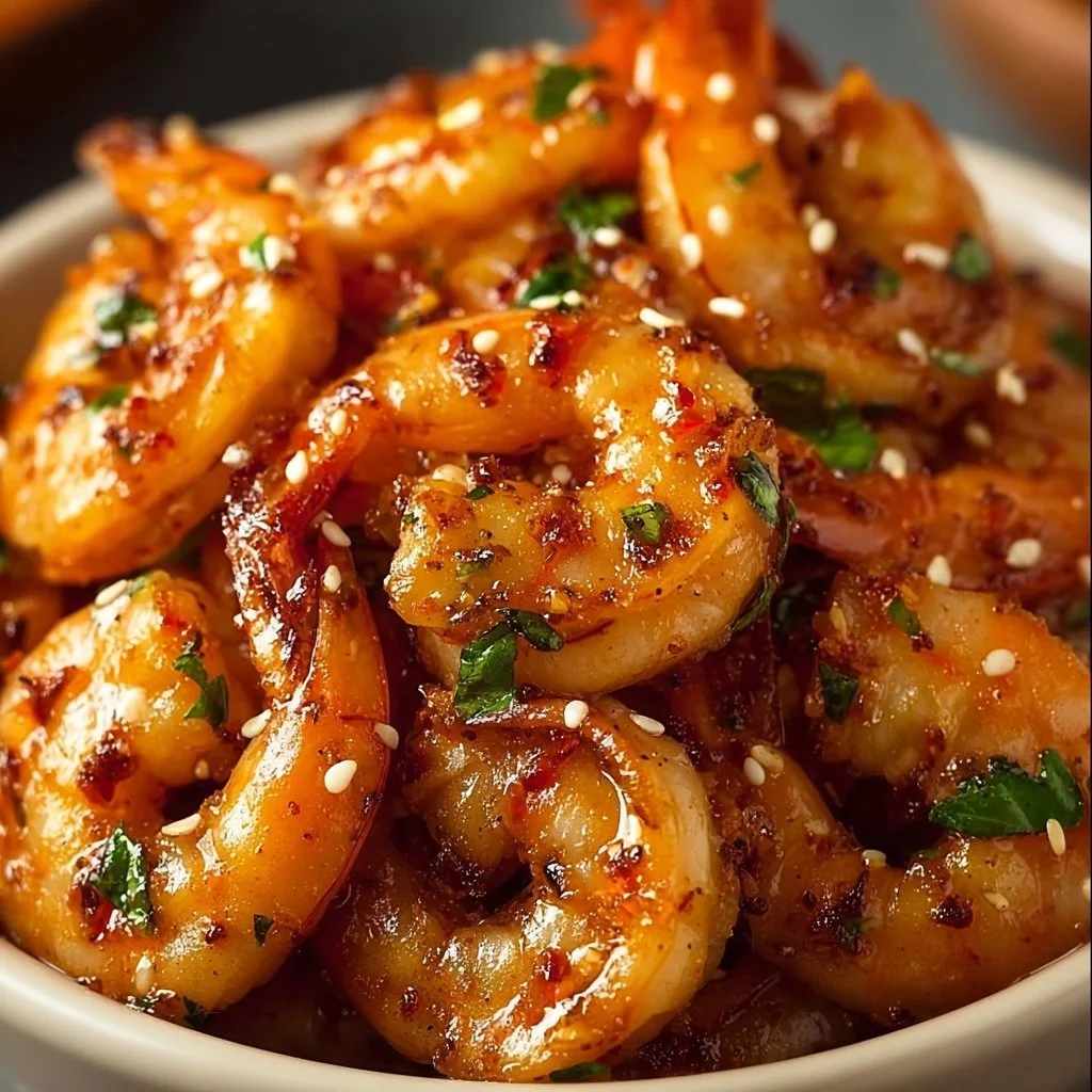 Plate of easy firecracker shrimp garnished with herbs and served with dipping sauce.